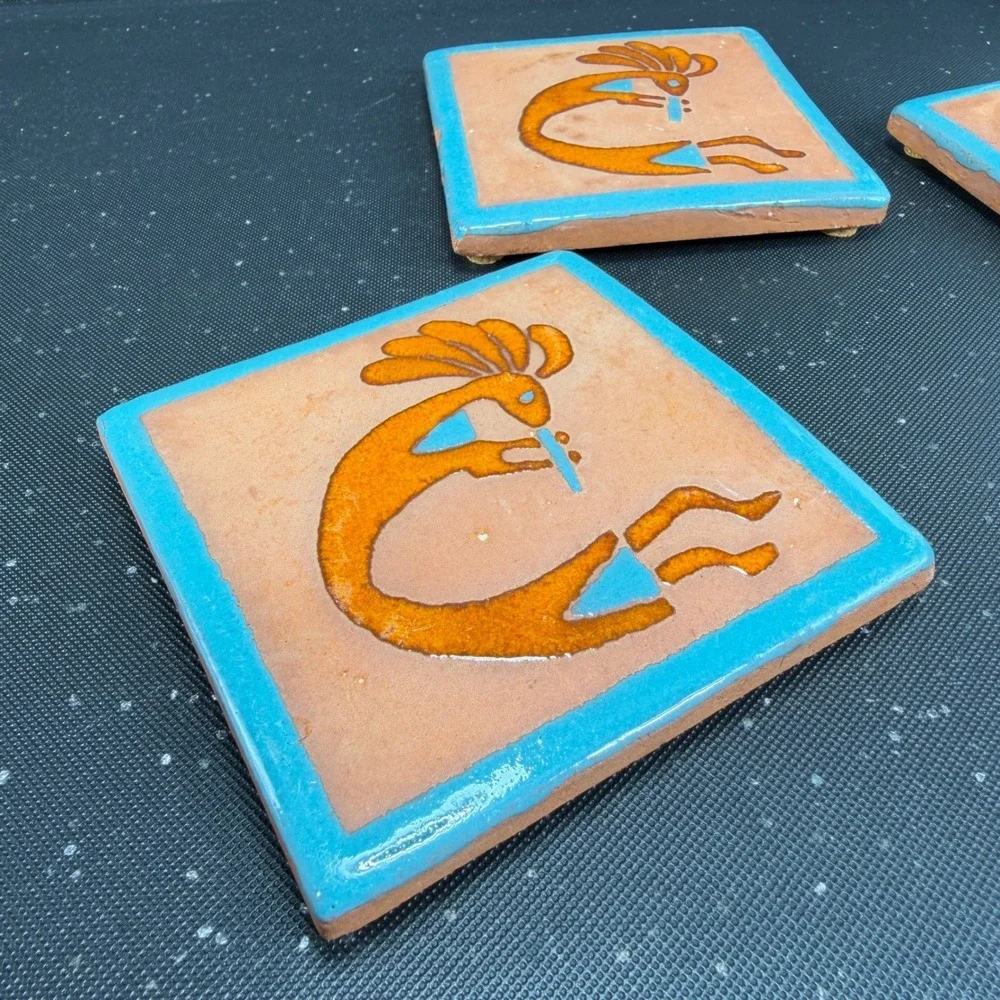 Tecate Mexico Kokopelli Terracotta Tiles Set of 4 Turquoise Orange 4in Coasters